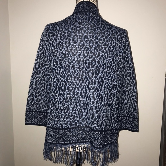RUBY RD SLATE BLUE LEOPARD FRINGE OPEN CARDIGAN - Picture 4 of 6
